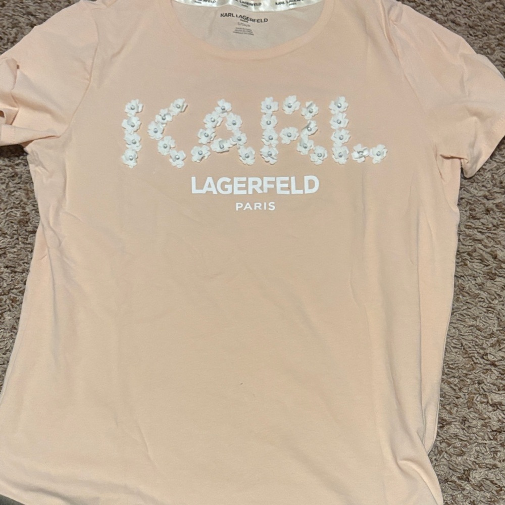 Karl Lagerfeld Women's Light Peach Tee with Floral Logo